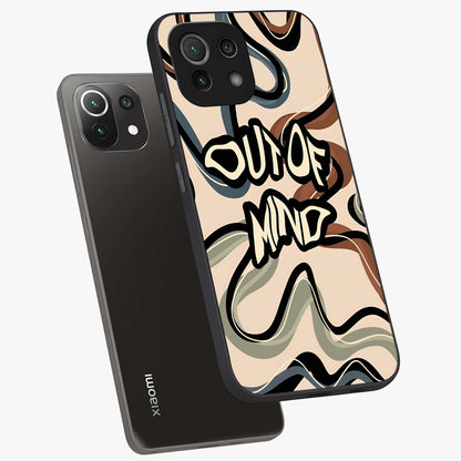 Out Of Mind Glass Case displayed in angled mockup highlighting bold statement design with modern artistic aesthetic.