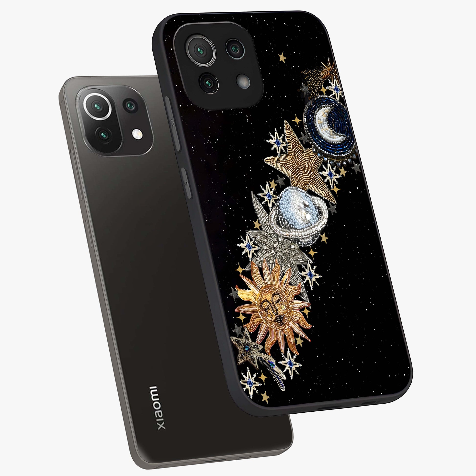 Pearls Universe Object Glass Case displayed in angled mockup highlighting celestial pearl design with dreamy aesthetic.