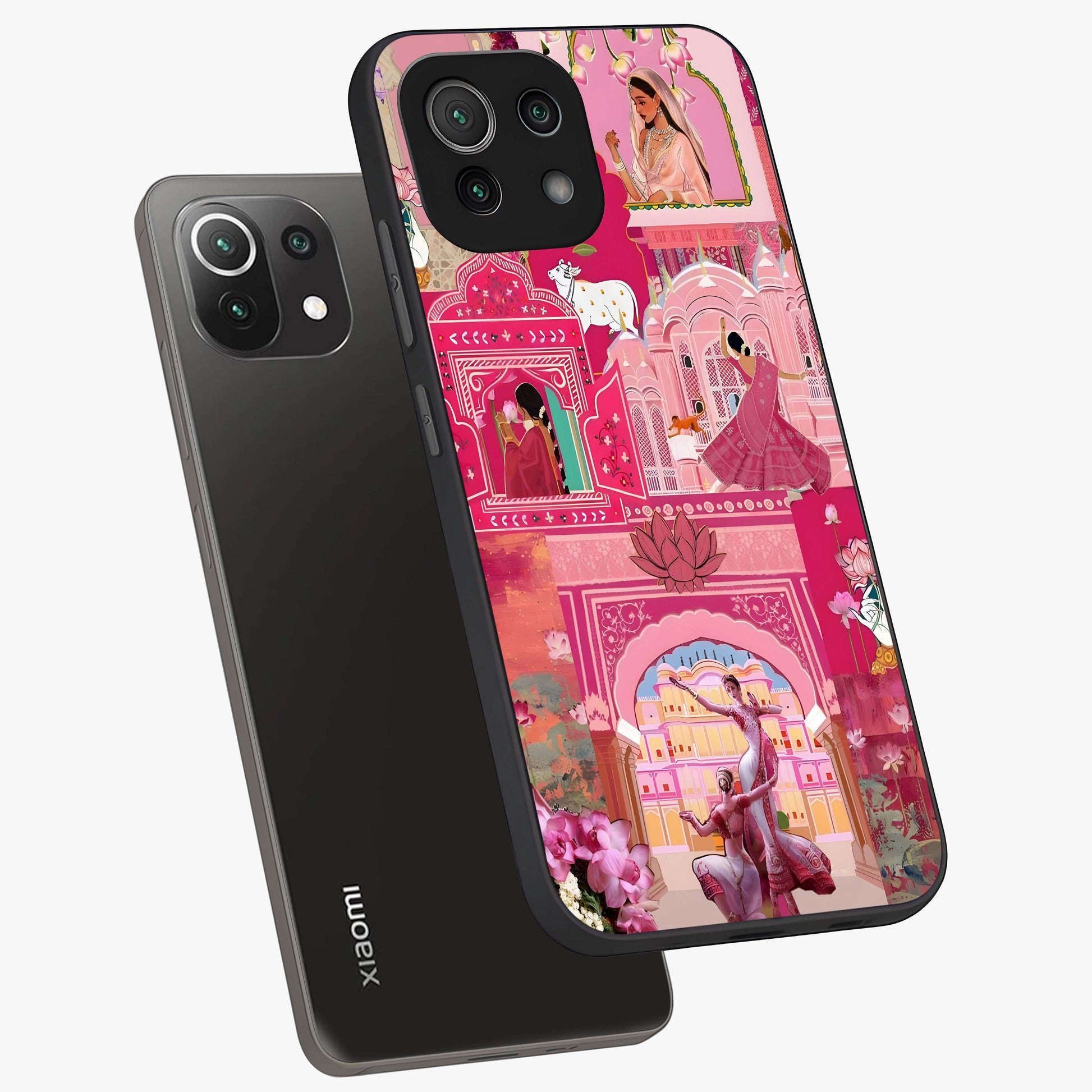 Pink Palace Muse Glass Case displayed in angled mockup highlighting dreamy palace illustration with soft pink aesthetic.