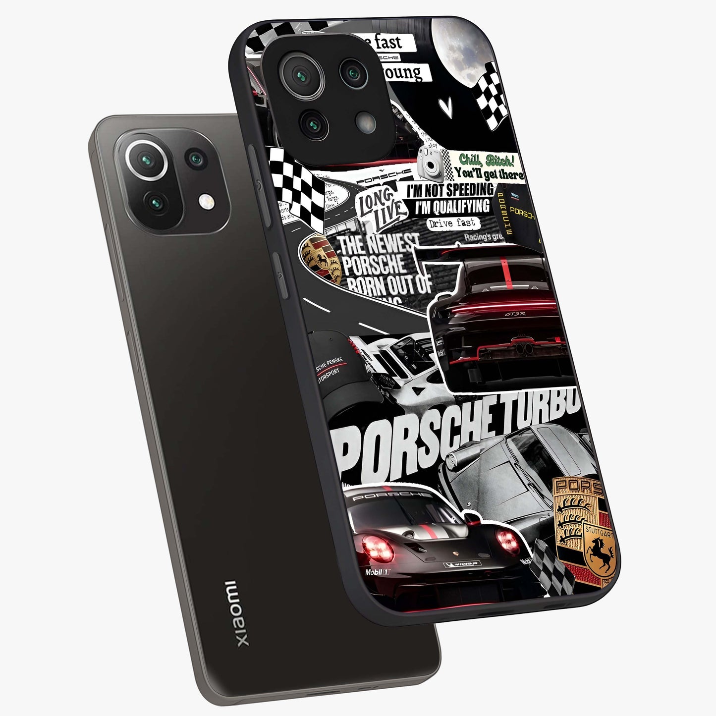 Porsche Racing Collage Glass Case displayed in angled mockup highlighting dynamic automotive design with bold racing aesthetic.