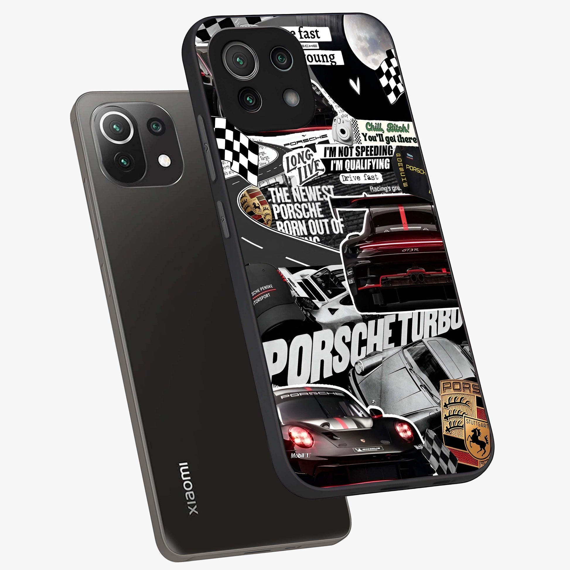 Porsche Racing Collage Glass Case displayed in angled mockup highlighting dynamic automotive design with bold racing aesthetic.