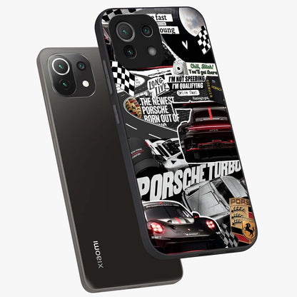 Porsche Racing Collage Glass Case displayed in angled mockup highlighting dynamic automotive design with bold racing aesthetic.