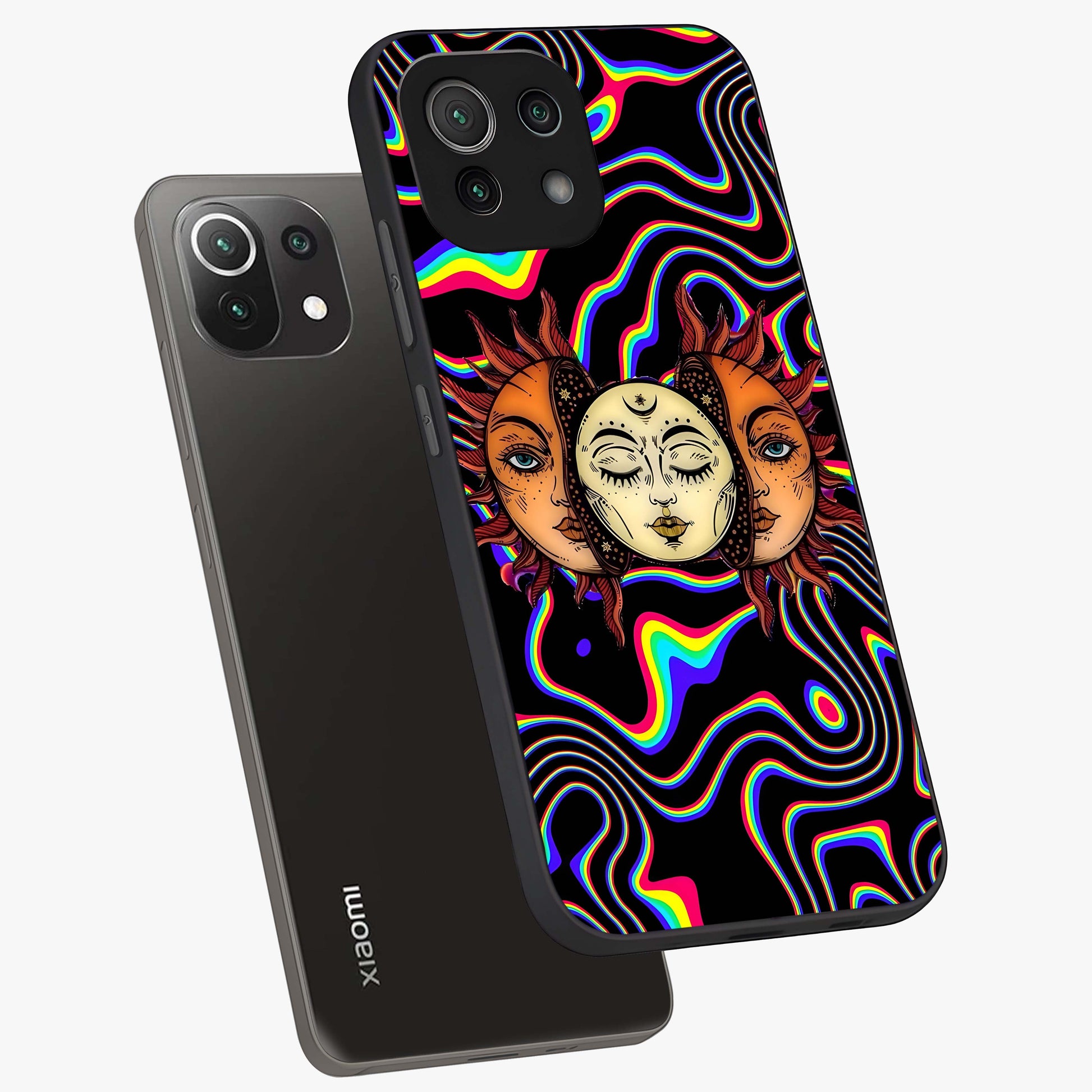 Psychedelic Sun Glass Case displayed in angled mockup highlighting vibrant abstract sun design with artistic aesthetic style.