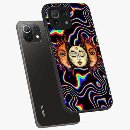 Psychedelic Sun Glass Case displayed in angled mockup highlighting vibrant abstract sun design with artistic aesthetic style.