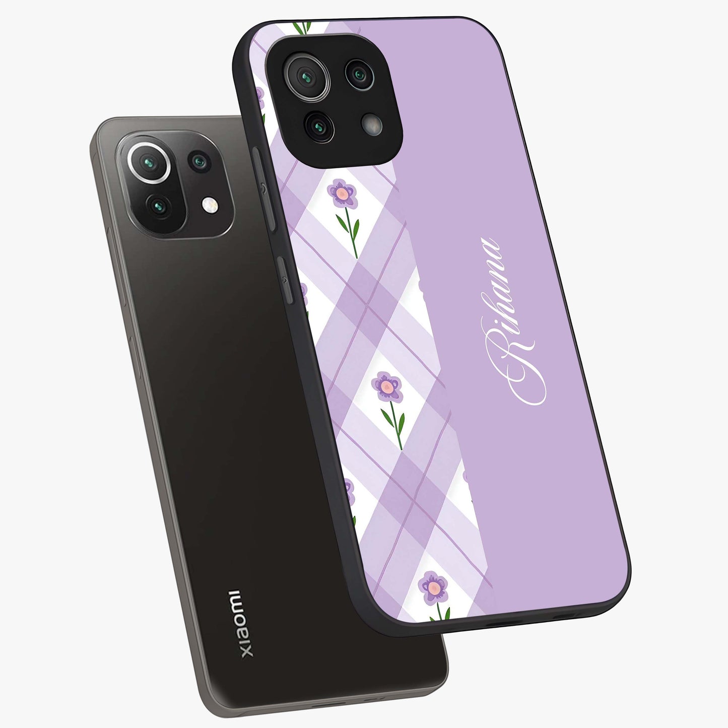 Purple Diamond Floral Glass Case displayed in angled mockup highlighting elegant purple flower design with decorative pattern.