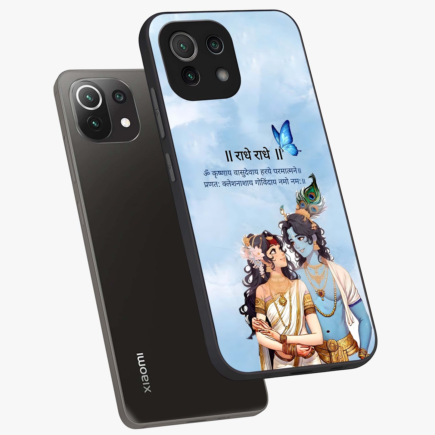 Radha Krishna Eternal Glass Case displayed in angled mockup highlighting divine Radha Krishna illustration with spiritual aesthetic.