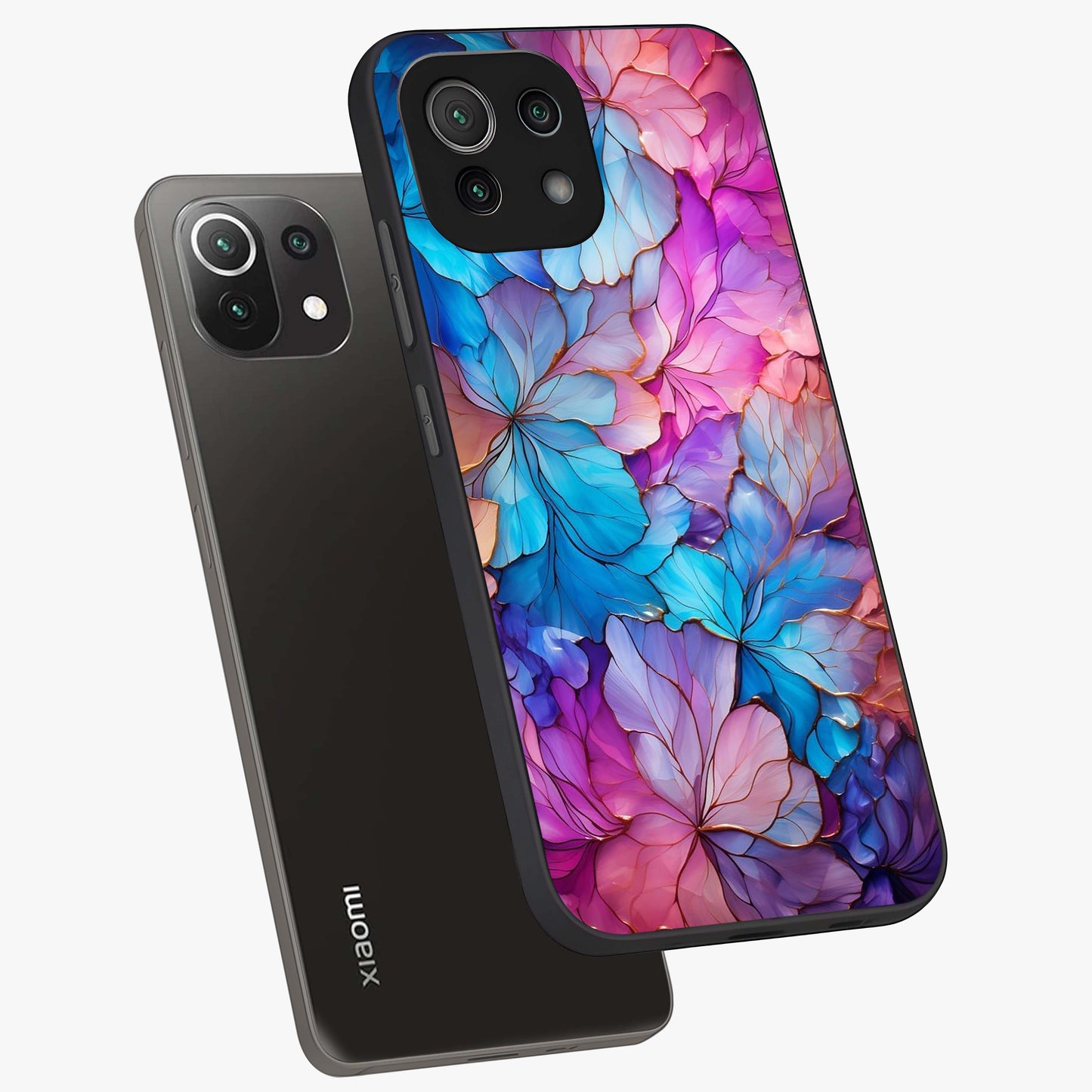 Radiant Floral Whirl Glass Case displayed in angled mockup highlighting vibrant flower pattern with dynamic artistic aesthetic.