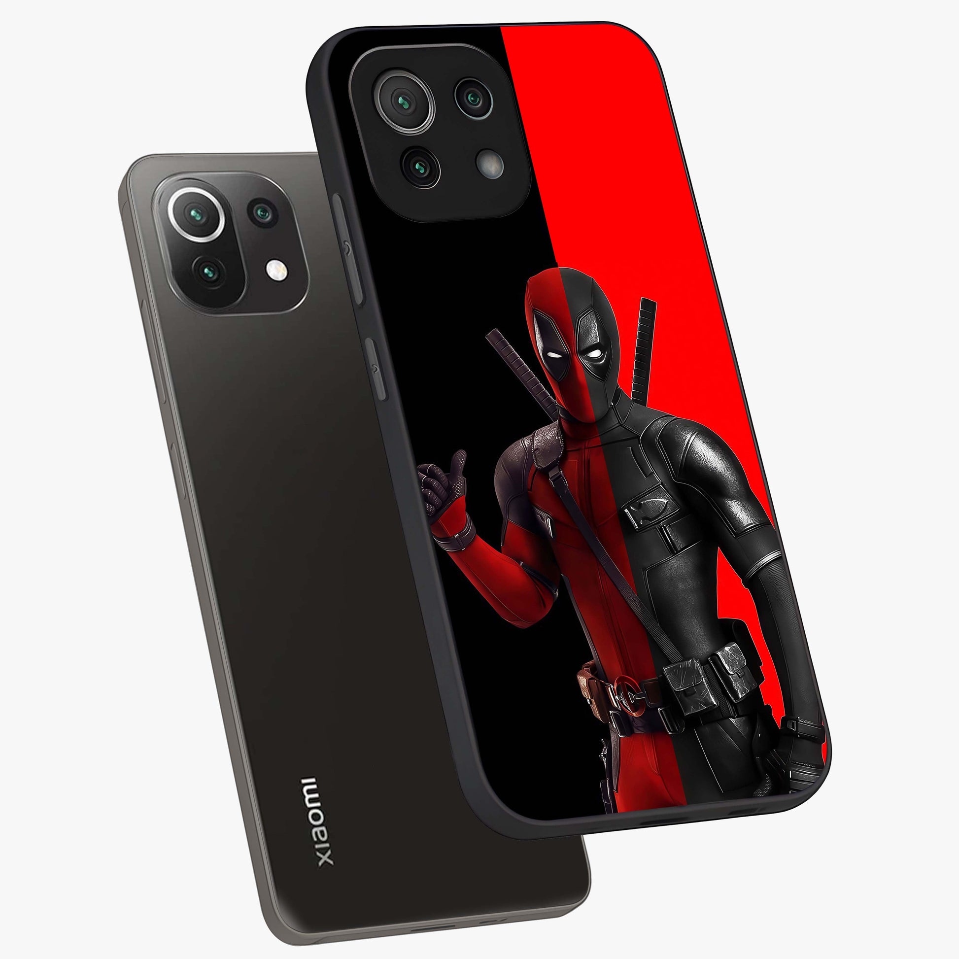 Red & Black Deadpool Theme Glass Case displayed in angled mockup highlighting vibrant superhero style illustration with action aesthetic.
