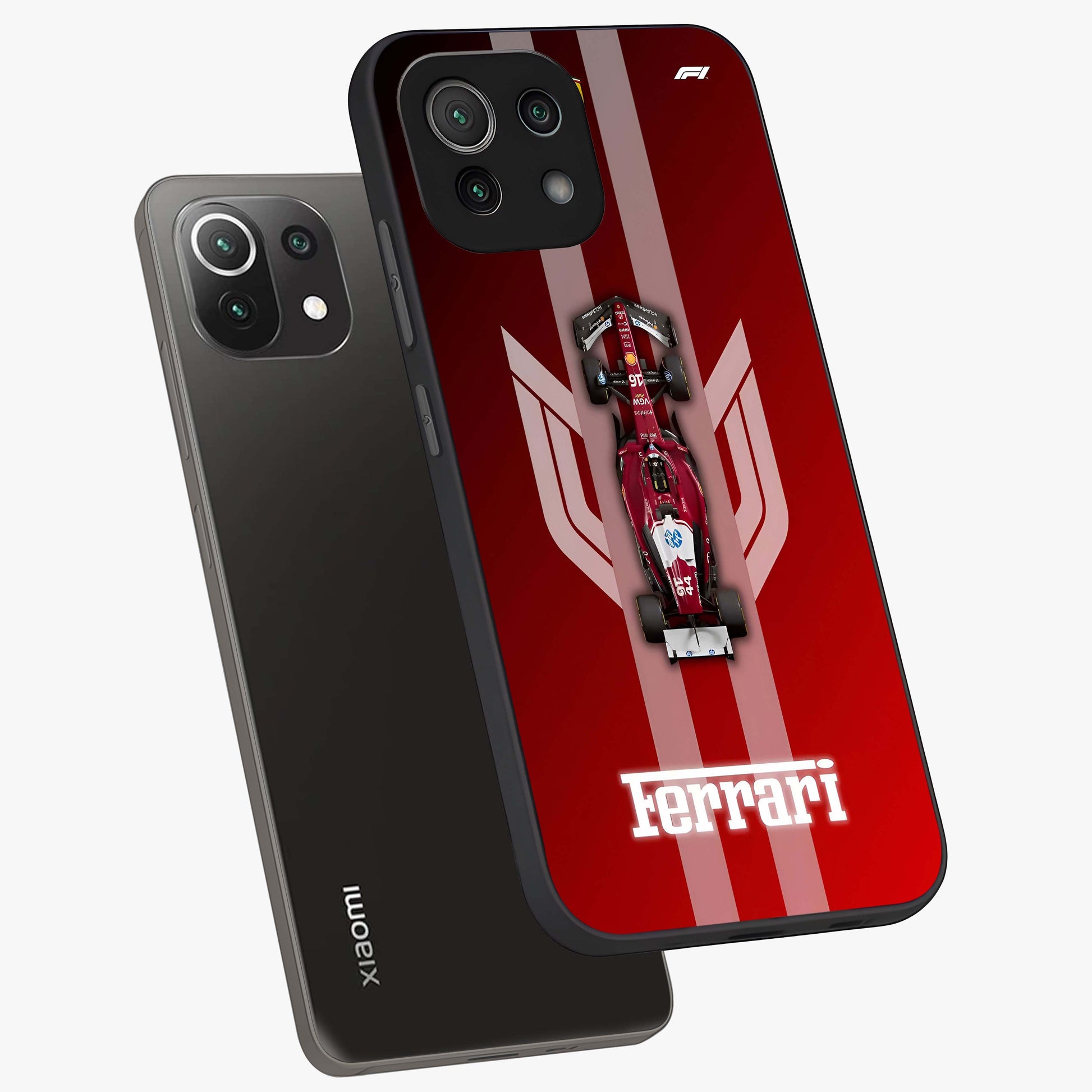 Red Ferrari F1 Vertical Glass Case displayed in angled mockup highlighting high speed racing design with bold automotive aesthetic.