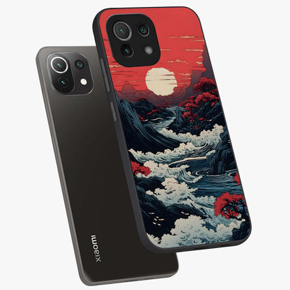 Red Sunset Scenery Glass Case displayed in angled mockup highlighting glowing sunset sky design with scenic aesthetic.