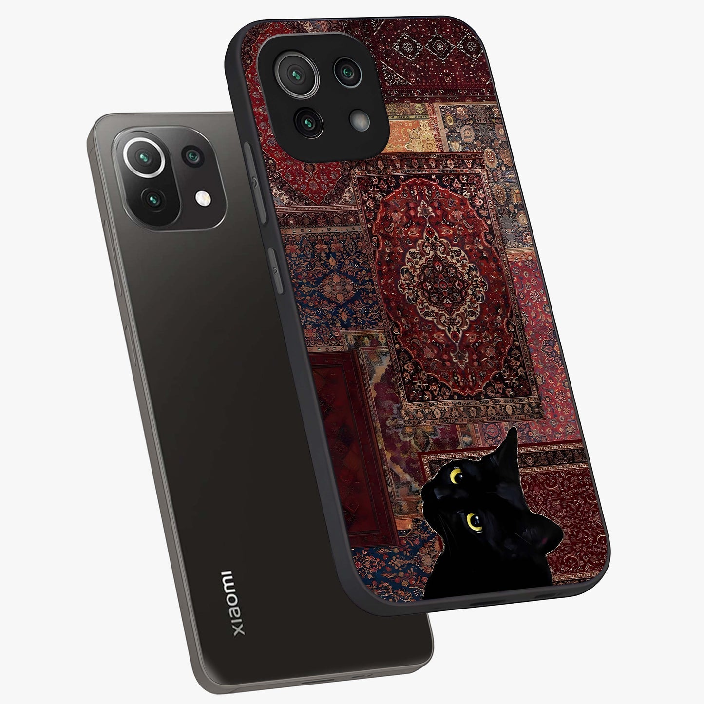 Regal Magic Cat Apple Glass Case displayed in angled mockup highlighting whimsical feline design with fantasy aesthetic.
