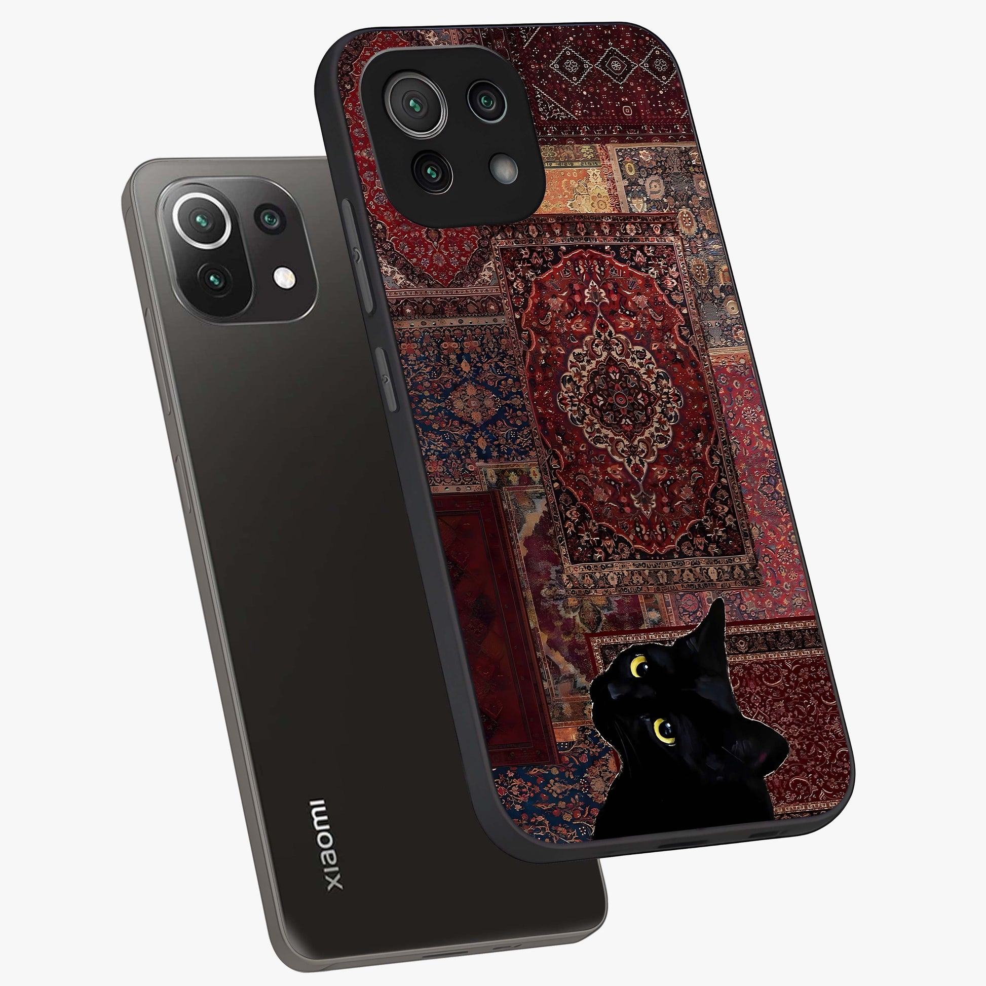 Regal Magic Cat Apple Glass Case displayed in angled mockup highlighting whimsical feline design with fantasy aesthetic.