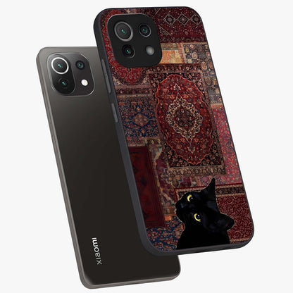 Regal Magic Cat Apple Glass Case displayed in angled mockup highlighting whimsical feline design with fantasy aesthetic.