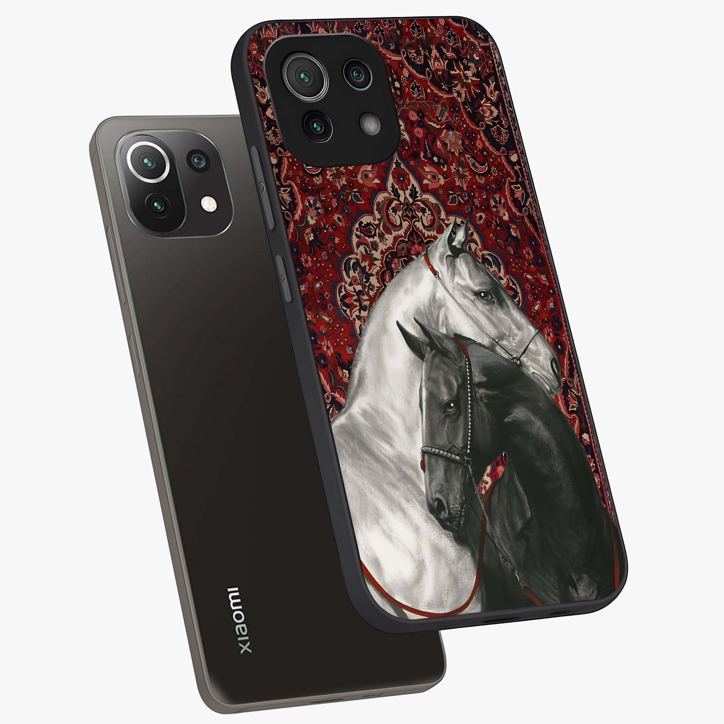 Regal Stallion Tapestry Glass Case displayed in angled mockup highlighting royal stallion design with decorative heritage aesthetic.