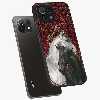 Regal Stallion Tapestry Glass Case displayed in angled mockup highlighting royal stallion design with decorative heritage aesthetic.