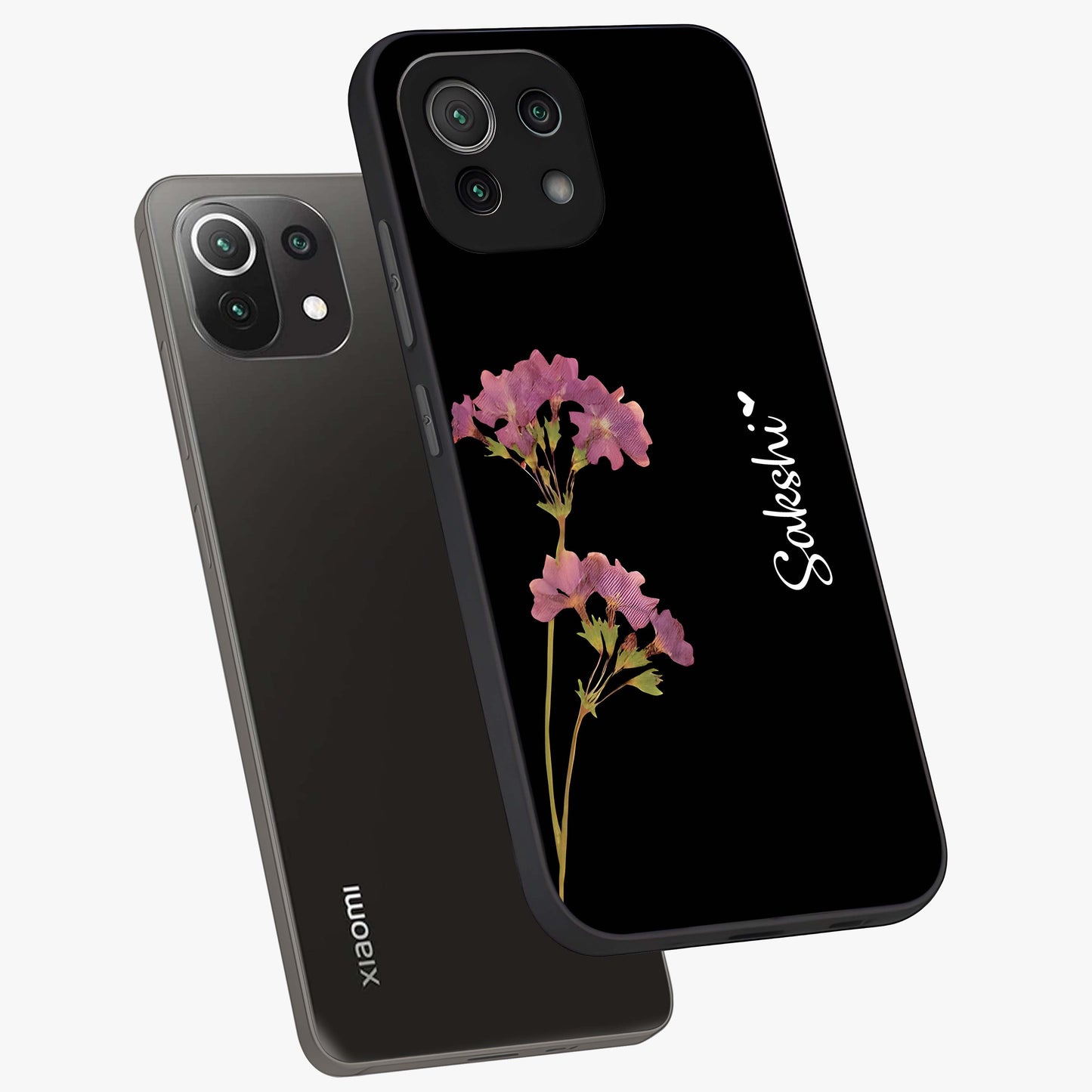 Riching Lavender Flower Custom Name Glass Case displayed in angled mockup highlighting delicate lavender flower design with custom name feature.