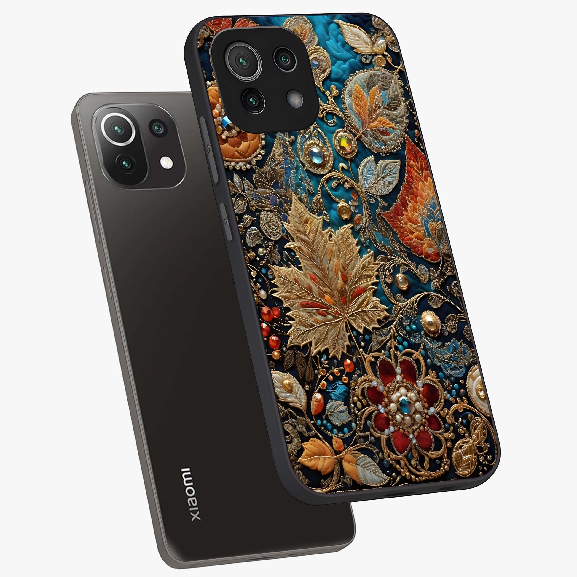 Royal Jewel Garden Glass Case displayed in angled mockup highlighting vibrant jewel inspired floral design with elegant aesthetic.
