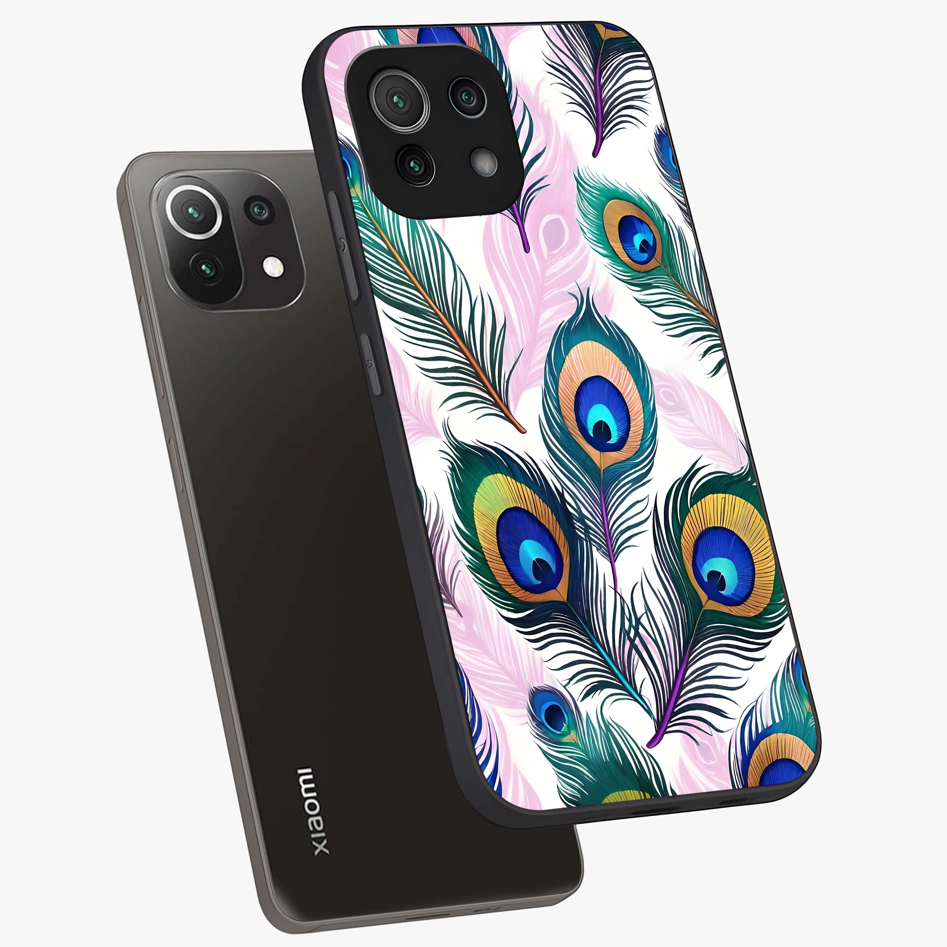 Royal Peacock Feathers Glass Case displayed in angled mockup highlighting vibrant feather pattern with regal aesthetic style.