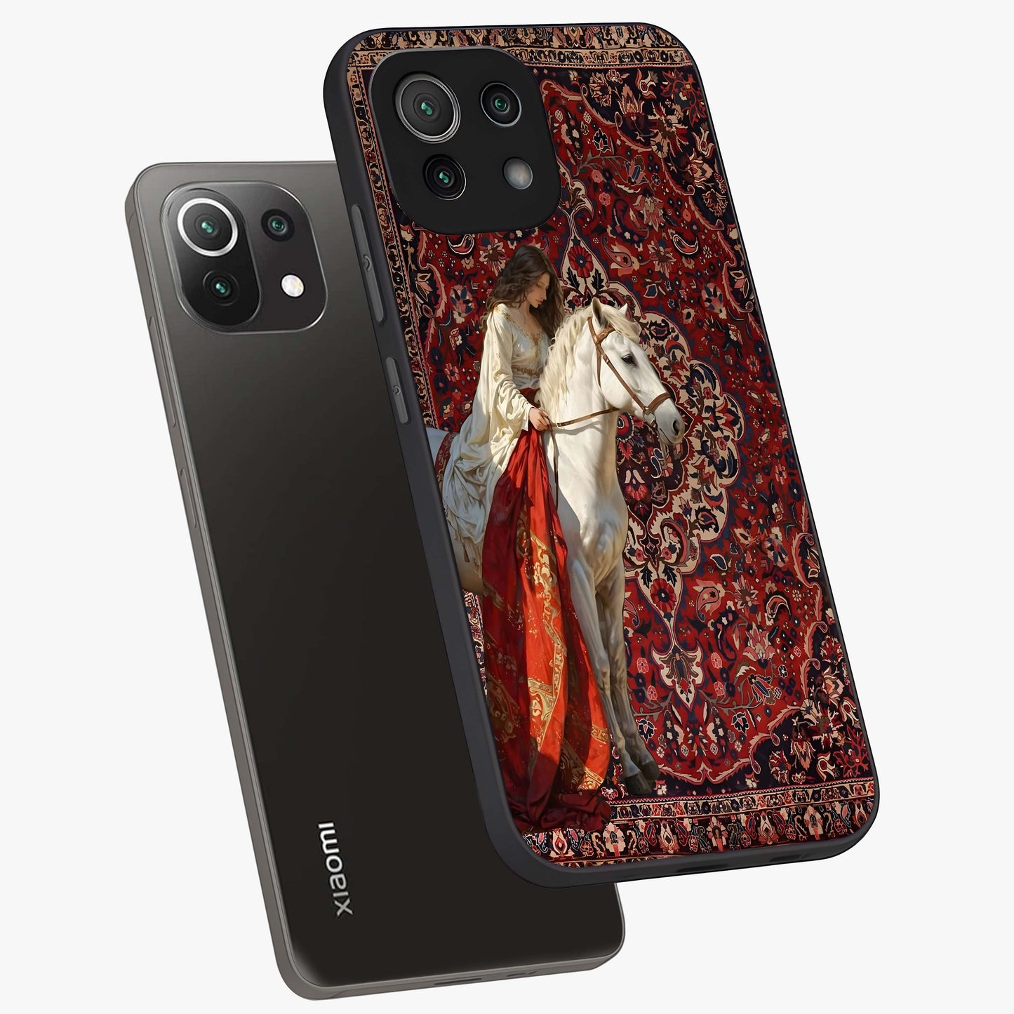 Royal Rider Tapestry Glass Case displayed in angled mockup highlighting traditional tapestry design with royal heritage aesthetic.
