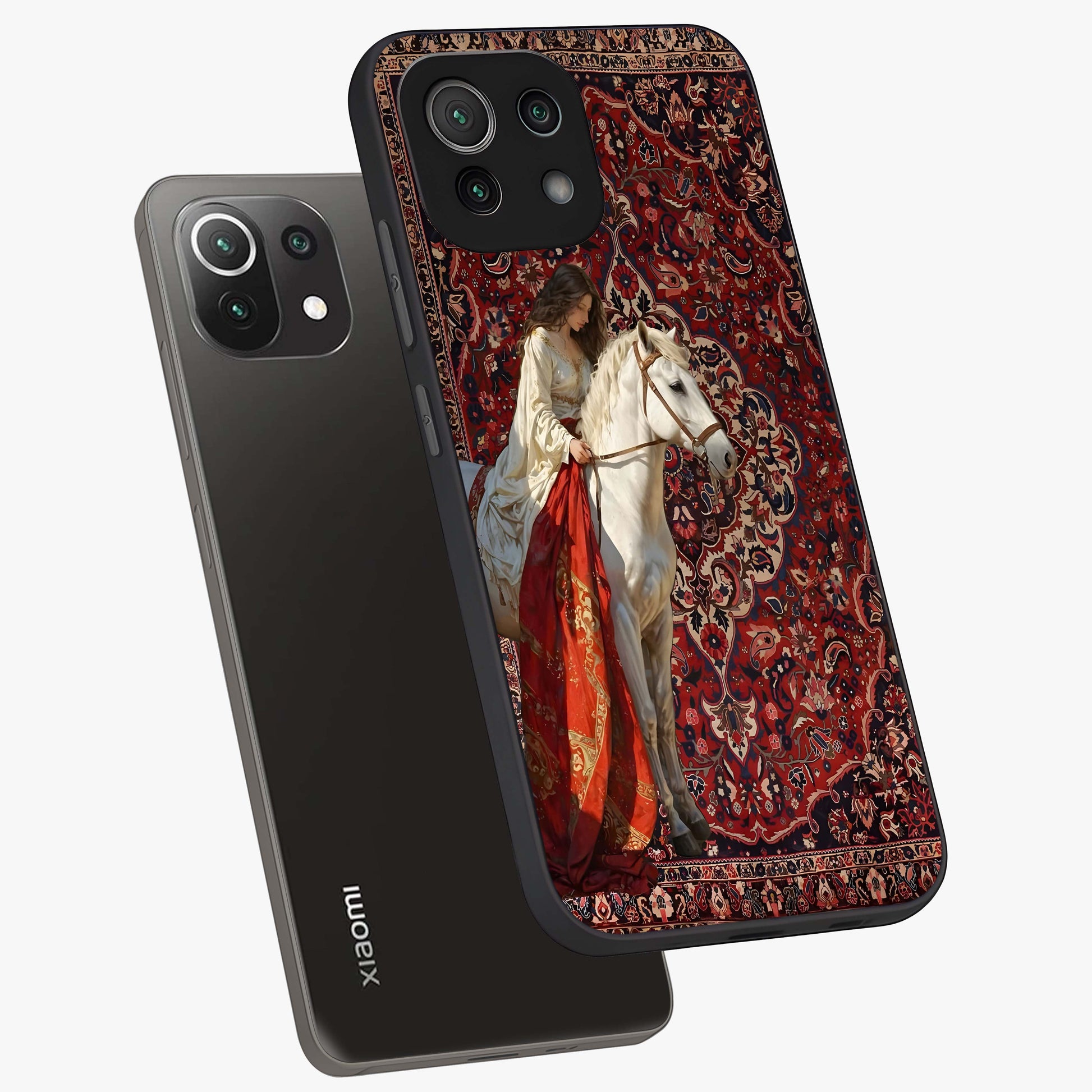 Royal Rider Tapestry Glass Case displayed in angled mockup highlighting traditional tapestry design with royal heritage aesthetic.