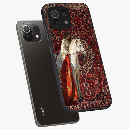 Royal Rider Tapestry Glass Case displayed in angled mockup highlighting traditional tapestry design with royal heritage aesthetic.