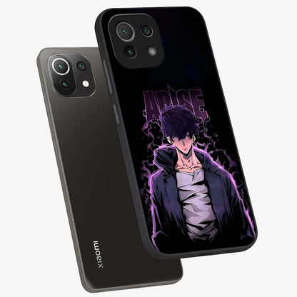 Shadow Monarch Awakening Glass Case displayed in angled mockup highlighting dramatic shadow warrior design with fantasy aesthetic.