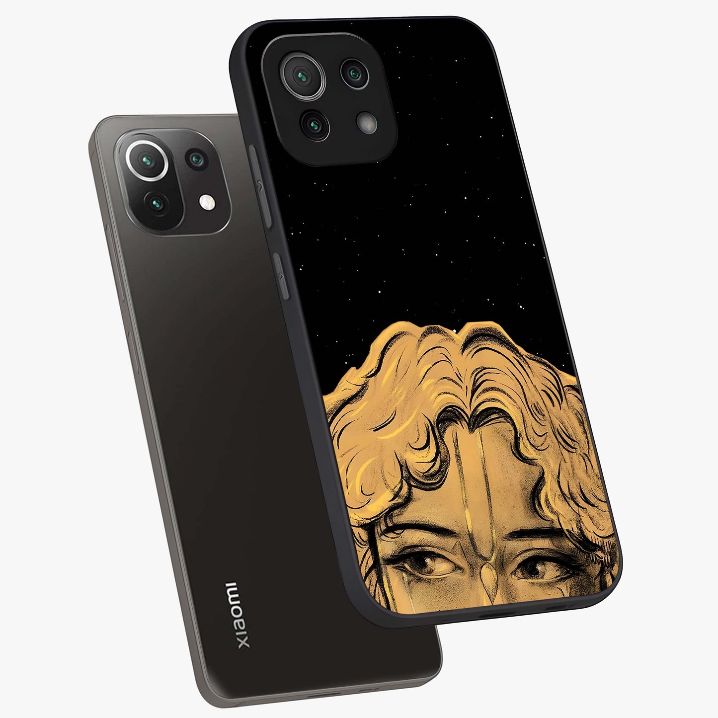 Shri Krishna Art Glass Case displayed in angled mockup highlighting spiritual Krishna illustration with divine aesthetic.