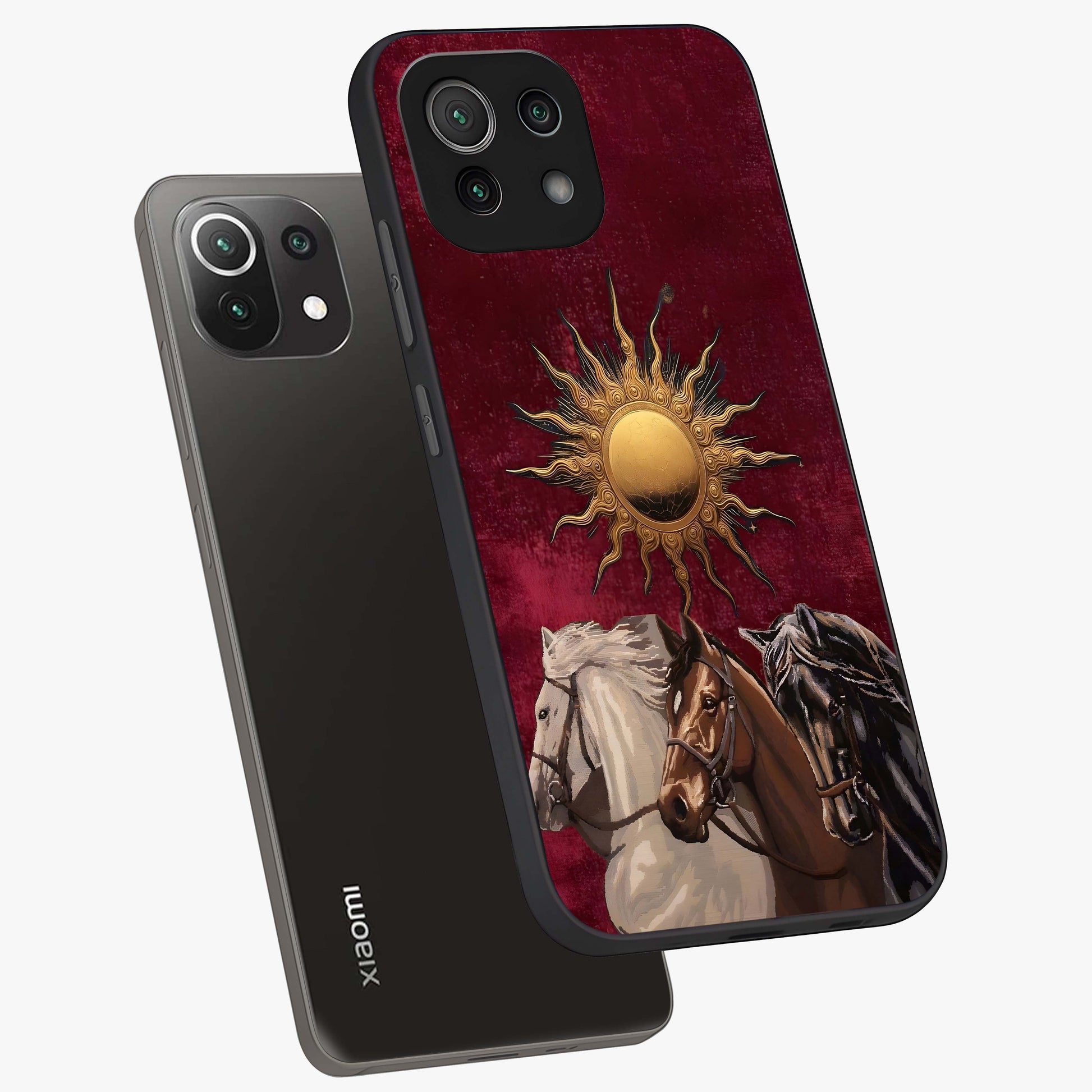 Solar Riders Glass Case displayed in angled mockup highlighting powerful rider illustration with radiant solar aesthetic.