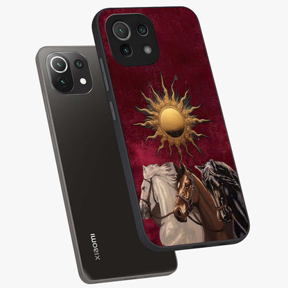 Solar Riders Glass Case displayed in angled mockup highlighting powerful rider illustration with radiant solar aesthetic.