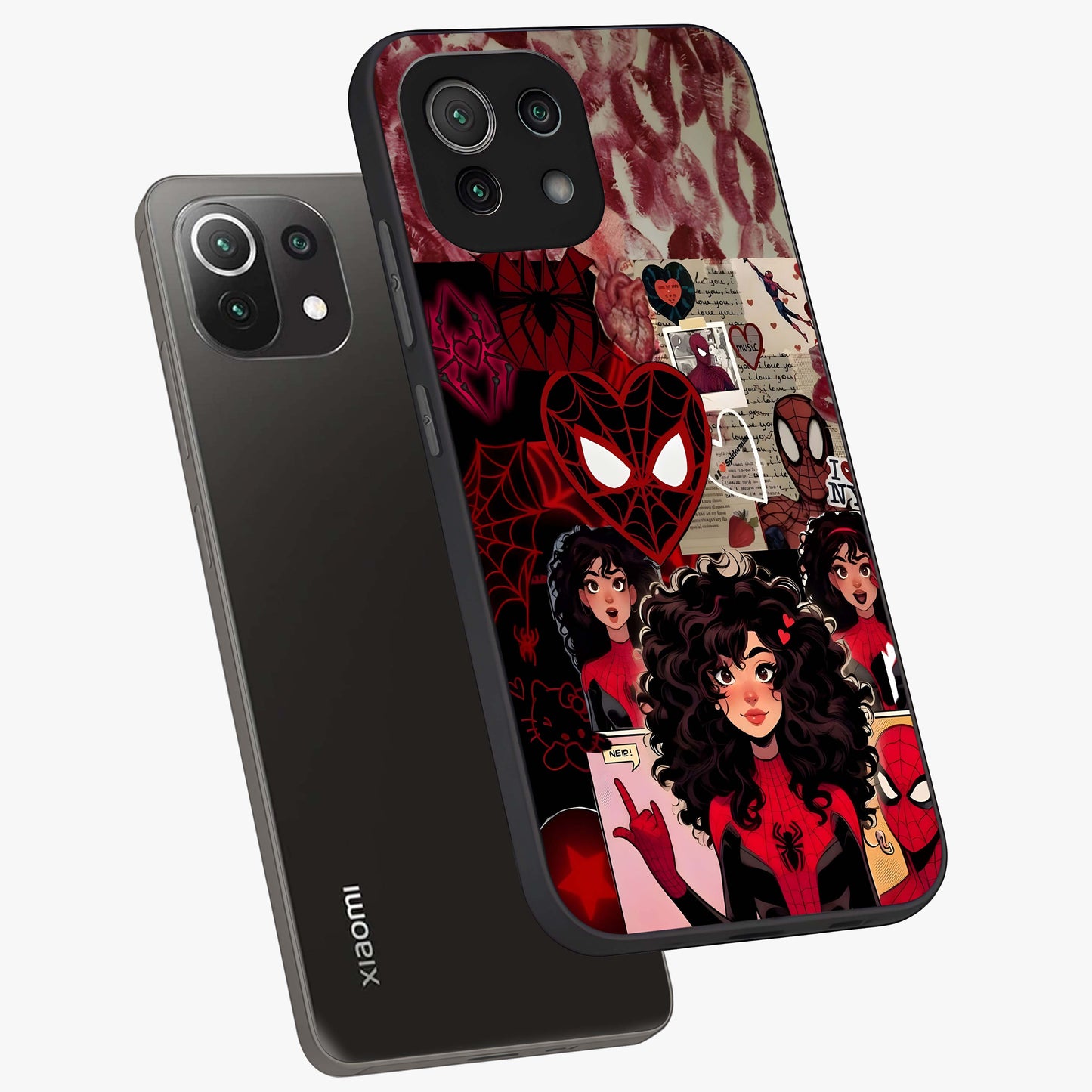 Spider Love Story Glass Case displayed in angled mockup highlighting expressive comic inspired design with playful aesthetic.