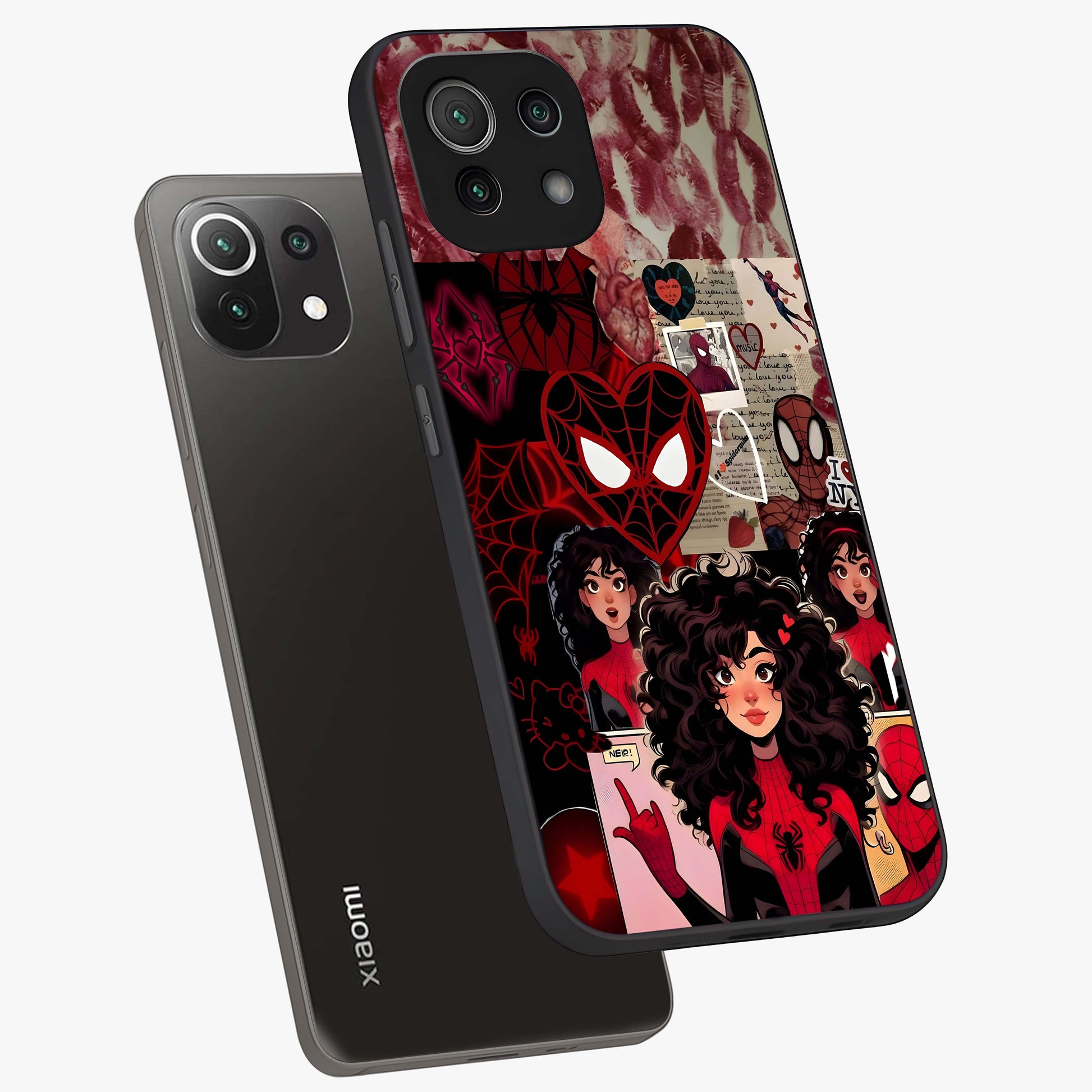 Spider Love Story Glass Case displayed in angled mockup highlighting expressive comic inspired design with playful aesthetic.
