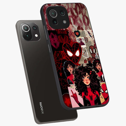 Spider Love Story Glass Case displayed in angled mockup highlighting expressive comic inspired design with playful aesthetic.