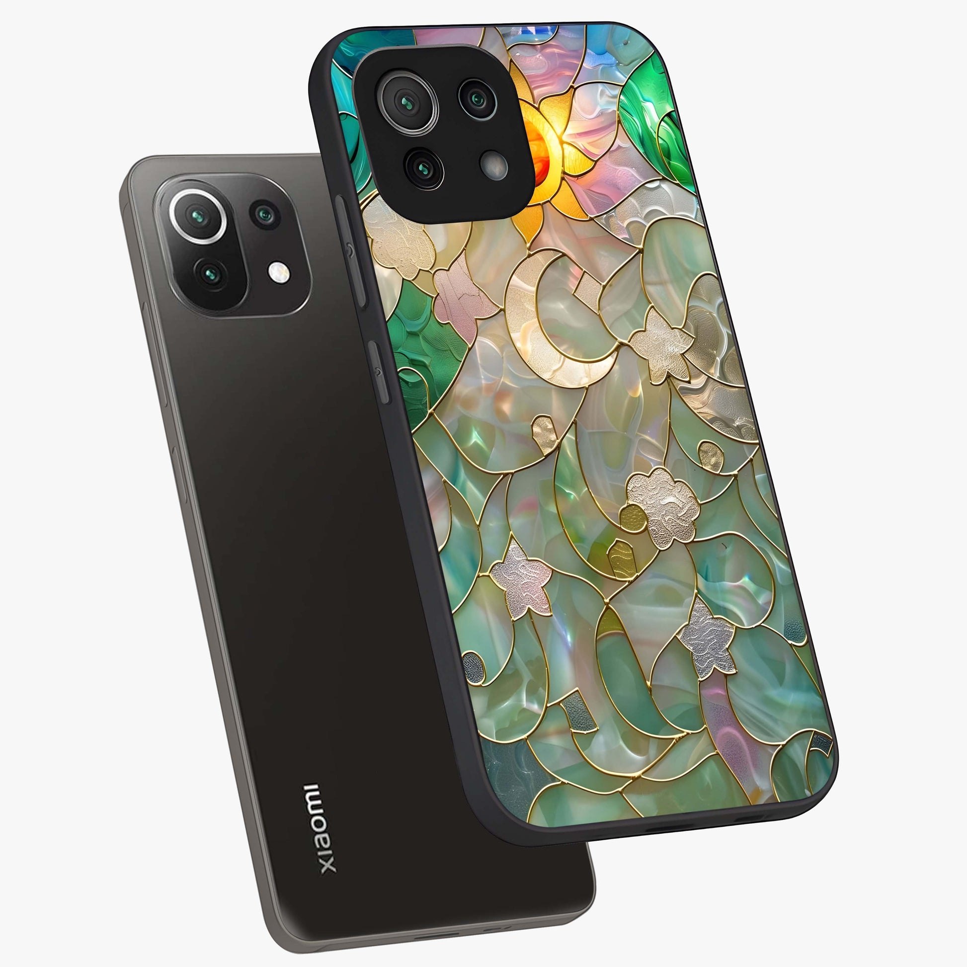 Stained Sunrise Glow Glass Case displayed in angled mockup highlighting radiant sunrise design with artistic aesthetic style.