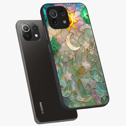 Stained Sunrise Glow Glass Case displayed in angled mockup highlighting radiant sunrise design with artistic aesthetic style.