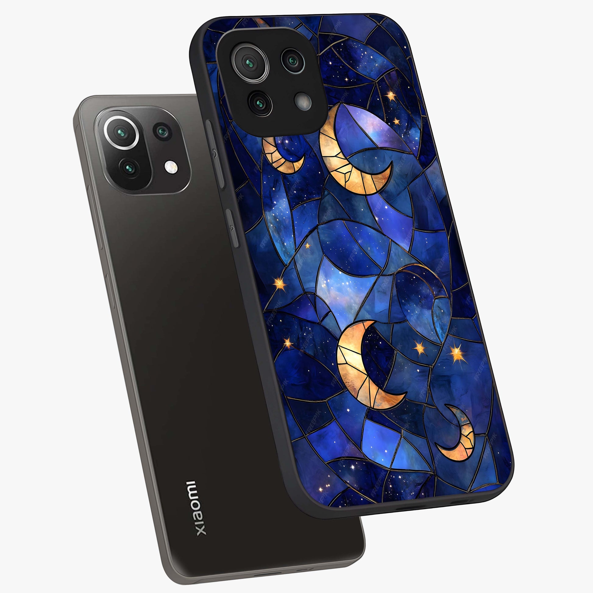 Starlit Sky Tapestry Glass Case displayed in angled mockup highlighting celestial night pattern with artistic aesthetic style.