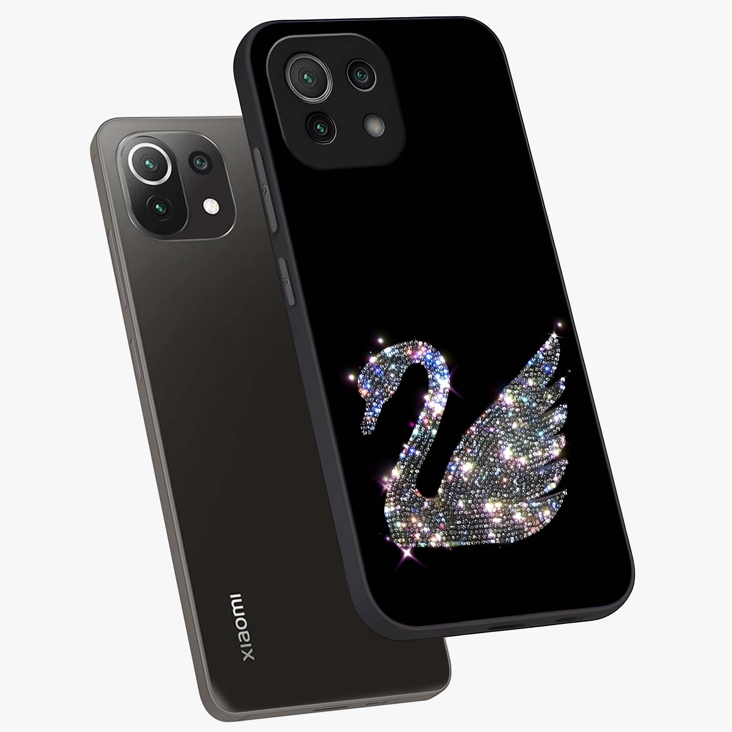 Starlit Swan Grace Glass Case displayed in angled mockup highlighting elegant swan illustration with dreamy celestial aesthetic.