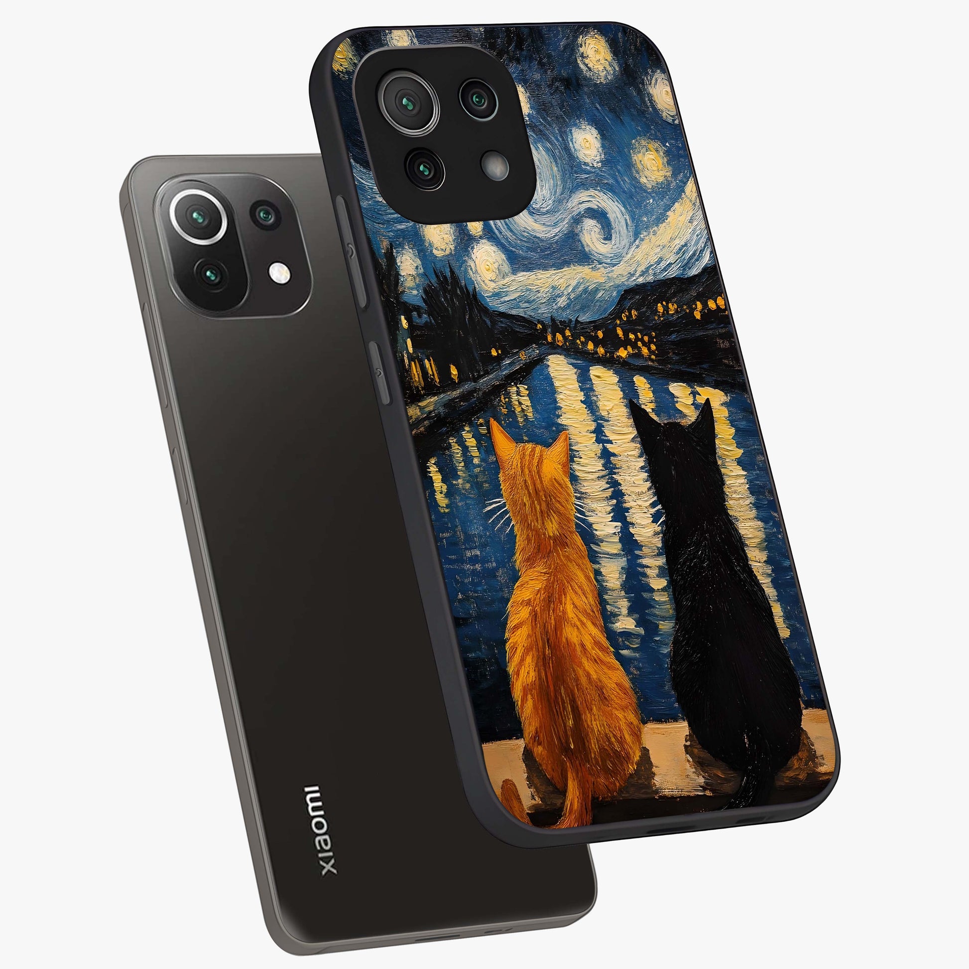 Starry River Cats Glass Case displayed in angled mockup highlighting charming feline illustration with dreamy night aesthetic.