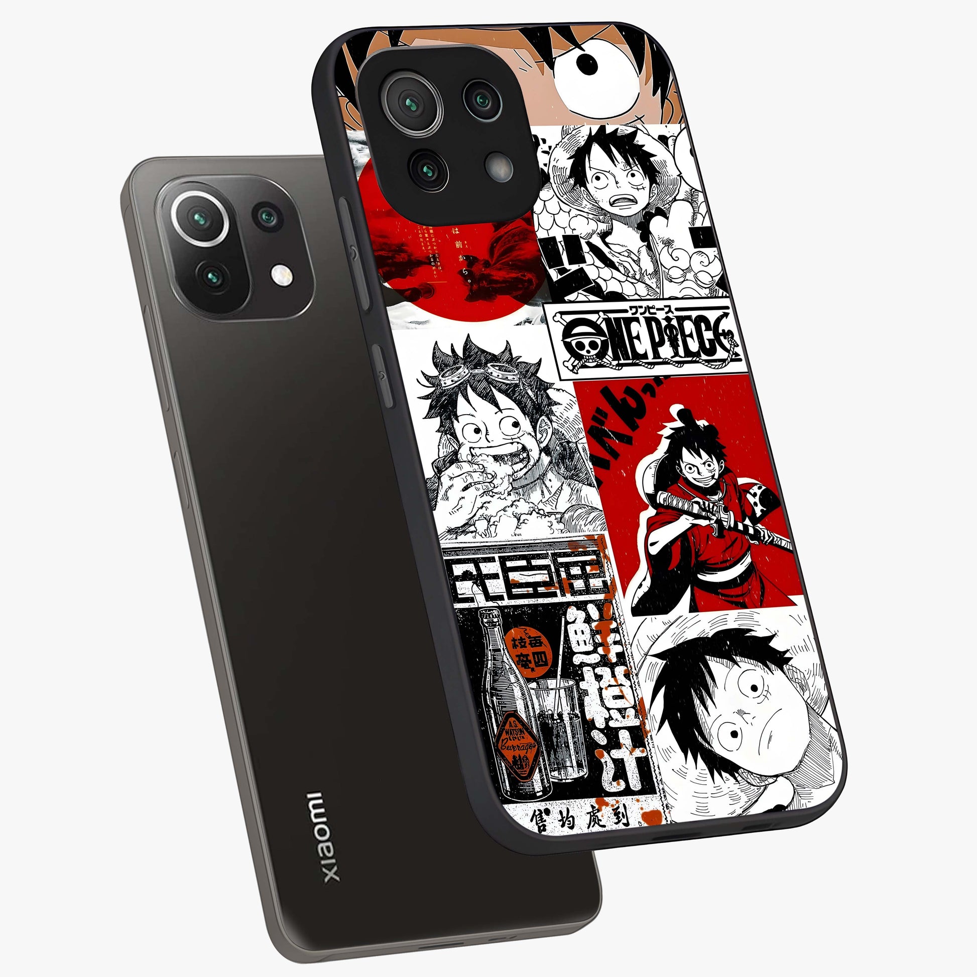 Strawhat Chaos Panels Glass Case displayed in angled mockup highlighting vibrant anime collage design with action aesthetic.