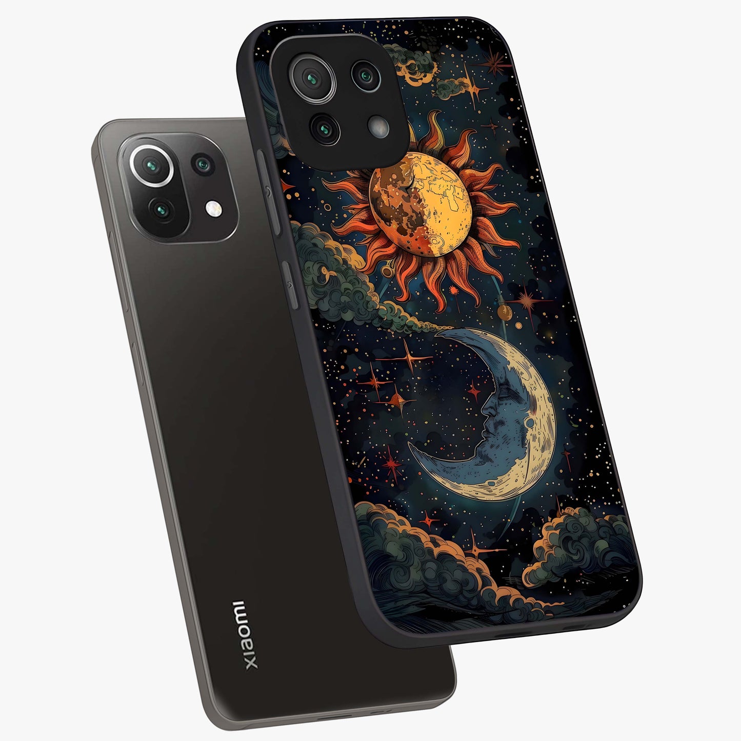Sun And Moon Magic Design Glass Case displayed in angled mockup highlighting celestial design with magical cosmic aesthetic.