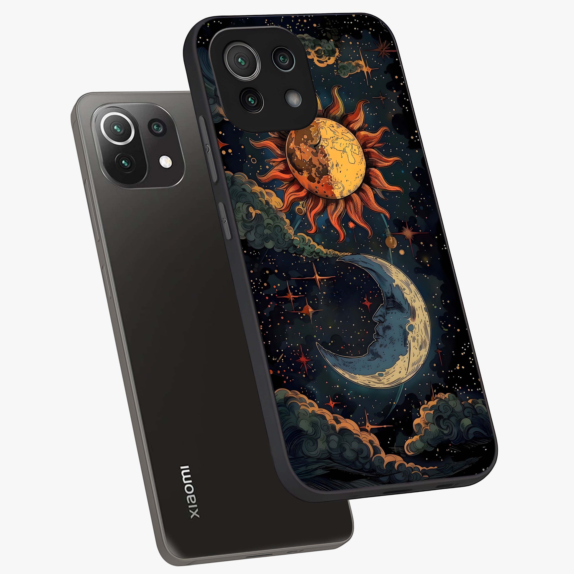 Sun And Moon Magic Design Glass Case displayed in angled mockup highlighting celestial design with magical cosmic aesthetic.