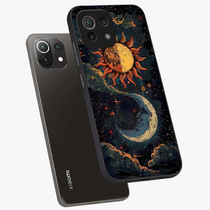 Sun And Moon Magic Design Glass Case displayed in angled mockup highlighting celestial design with magical cosmic aesthetic.