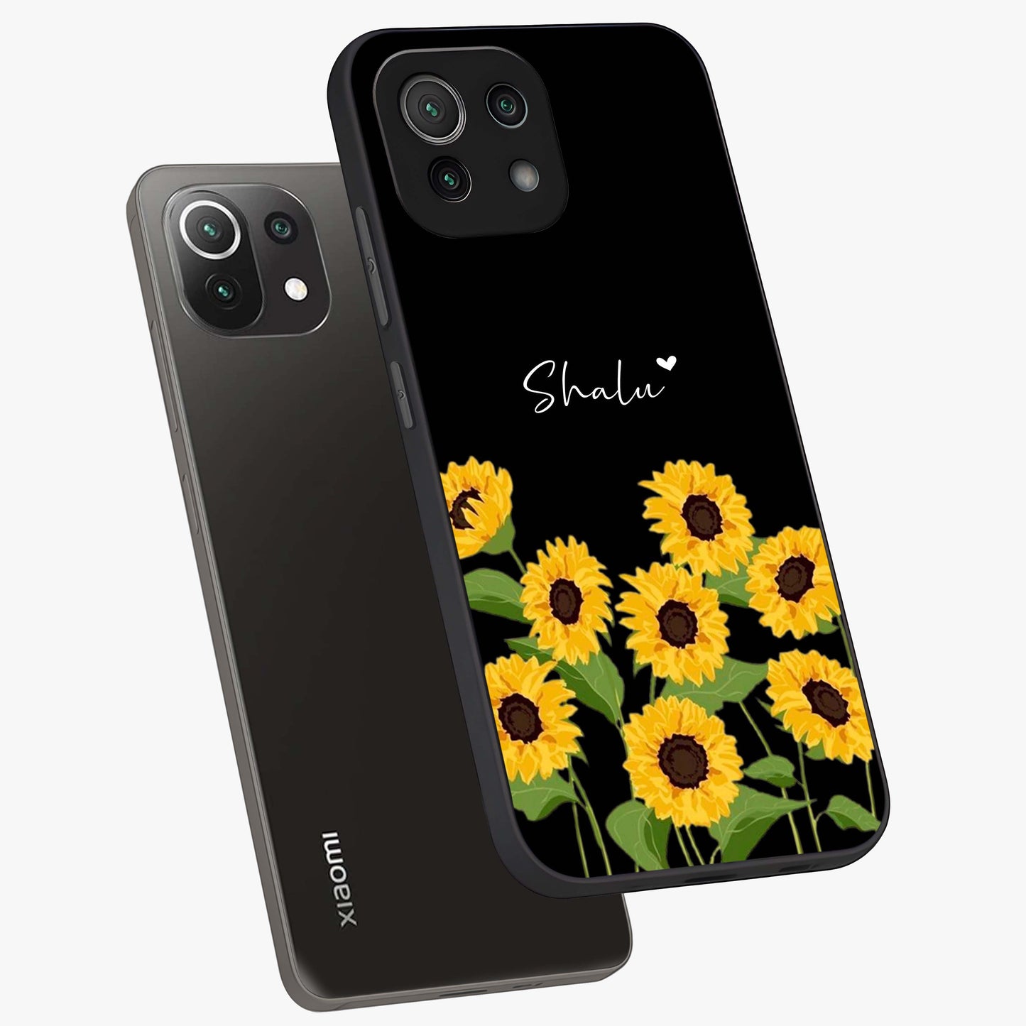 Sunflower Chic Mood Custom Name Glass Case displayed in angled mockup highlighting vibrant sunflower design with custom name feature.