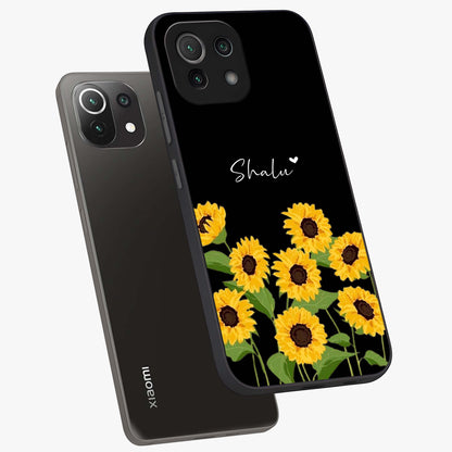 Sunflower Chic Mood Custom Name Glass Case displayed in angled mockup highlighting vibrant sunflower design with custom name feature.