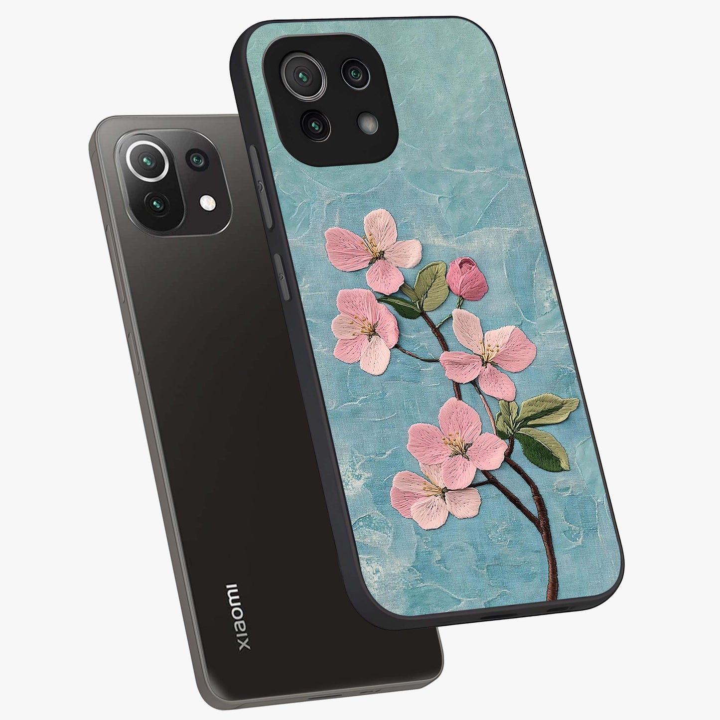 Threaded Blossom Breeze Glass Case displayed in angled mockup highlighting elegant floral design with soft aesthetic style.