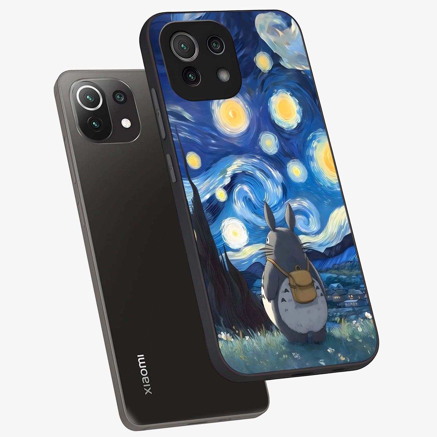 Totoro In Van Gogh Art Glass Case displayed in angled mockup highlighting artistic swirling sky design with playful animation aesthetic.