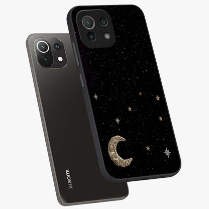 Twinkle Star With Half Moon Glass Case displayed in angled mockup highlighting celestial moon and star design with magical aesthetic.