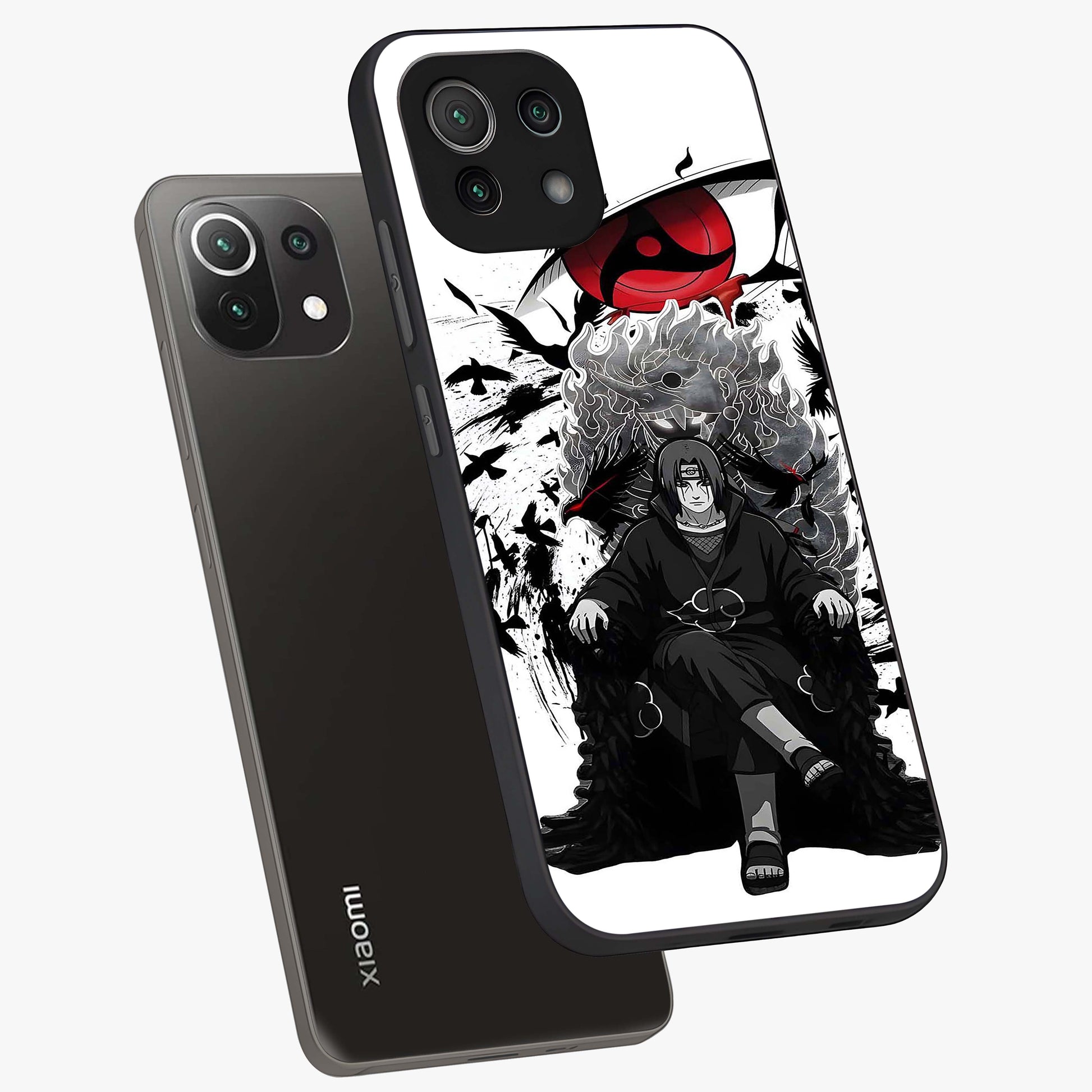 Uchiha Shadow Throne Glass Case displayed in angled mockup highlighting glowing aquatic design with celestial aesthetic.