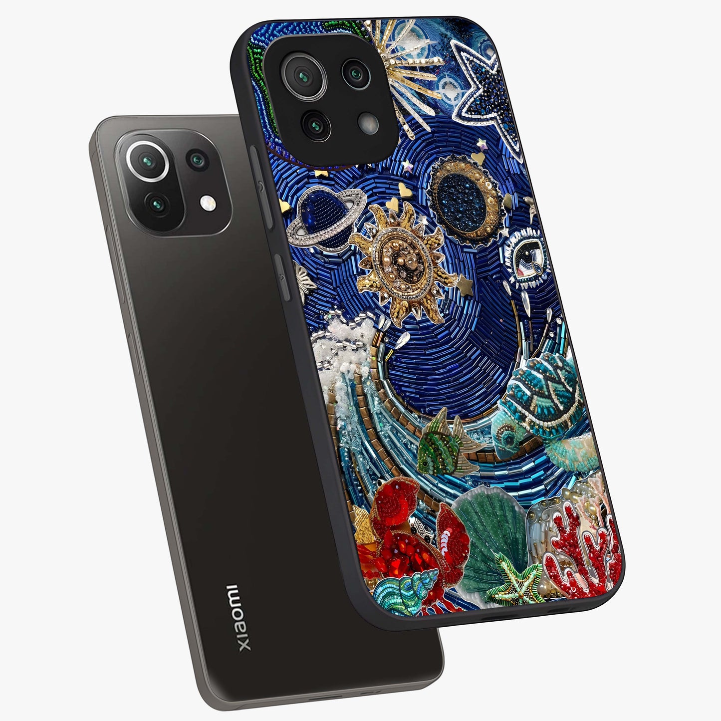 Universe Underwater Spark Glass Case displayed in angled mockup highlighting glowing aquatic design with celestial aesthetic.