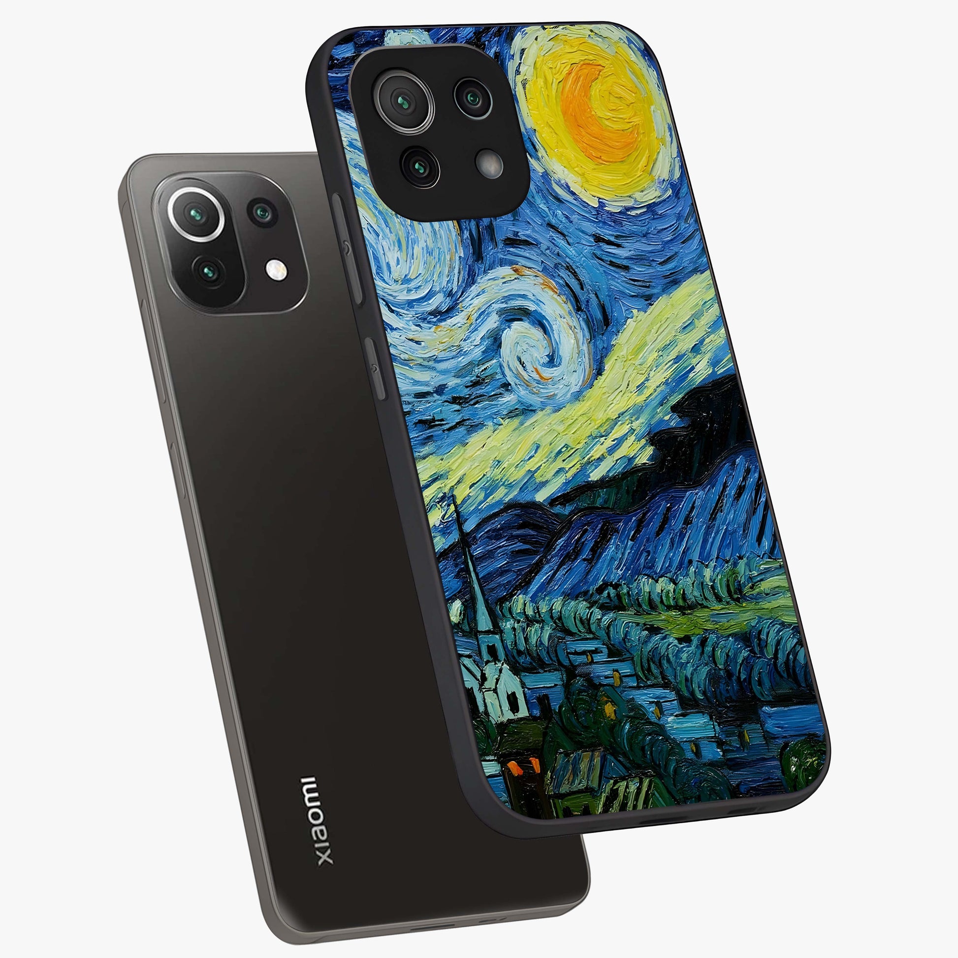 Van Gogh Art Glass Case displayed in angled mockup highlighting swirling brushstroke design with artistic aesthetic.