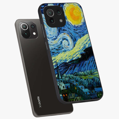 Van Gogh Art Glass Case displayed in angled mockup highlighting swirling brushstroke design with artistic aesthetic.